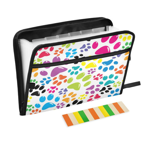 Quteprint 13 Pockets Expanding File Folder with Zipper Closure, Colorful Dog Cat Paw Print Accordion File Folder with Sticky Labels, Letter Size A4 Papers Expandable File Document Organizer