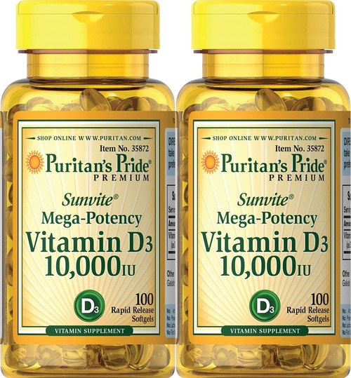 Puritan's Pride Vitamin D3 10,000 IU, 100 Count (2 Pack)