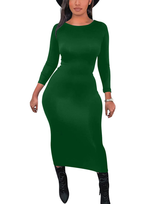 Mokoru Women's Casual Bodycon Long Sleeve Sexy Tight Club Party Midi Pencil Dresses, Medium, Dark Geen