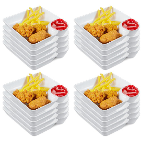 Maxcheck 20 Pcs Chip and Dip Serving Platter Set Divided Dumpling Plate with Sauce Holder Plastic Small Chips and Salsa Serving Dish Reusable White Chip and Dip Tray for Snack Appetizer Sushi Party