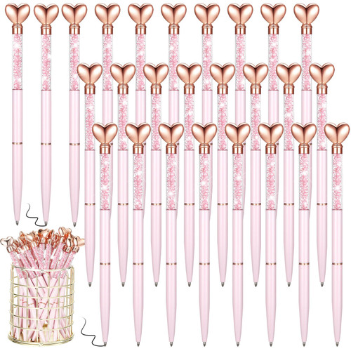 Hushee 24 Pcs Valentine's Day Heart Pens Glitter Bling Retractable Metal Pen with Black Ink Diamond Crystal Pens Wedding Pen for Valentine Office School Supplies Engagement Gift(Pink)