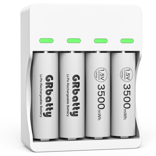 GRbatty Rechargeable AA Lithium Batteries 3500mWh with Rechargeable AA/AAA Battery Charger 2 Hours Fast Charge, 1500 Cycles 1.5V Lithium AA Rechargeable Batteries - Pack of 4 GRbatty Rechargeable AA Lithium Batteries 3500mWh with Rechargeable AA/AAA Battery Charger 2 Hours Fast Charge, 1500 Cycles 1.5V Lithium AA Rechargeable Batteries - Pack of 4