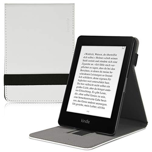 kwmobile Cover for Amazon Kindle Paperwhite - PU Leather e-Reader Case with Built-in Hand Strap and Stand - White