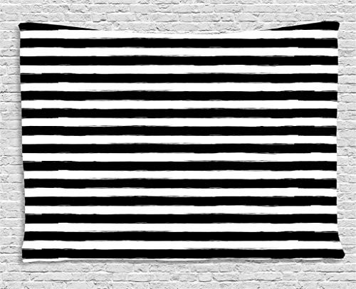 Lunarable Striped Tapestry, Watercolor Style Brush Stroke Effect Horizontal Stripes Pattern Monochrome Design, Wide Wall Hanging for Bedroom Living Room Dorm, 80" X 60", Black White