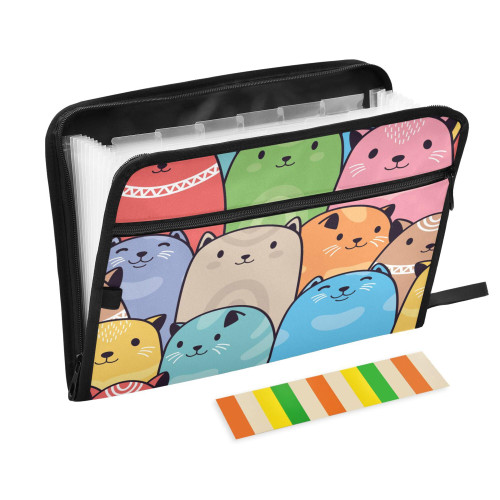 CUPADA Colorful Cute Cartoon Cats Expanding File Folder with Labels, 13 Pockets Accordion File Organizer File Folder Zipper Closure Portable A4 Letter Size Document Organizer Bag