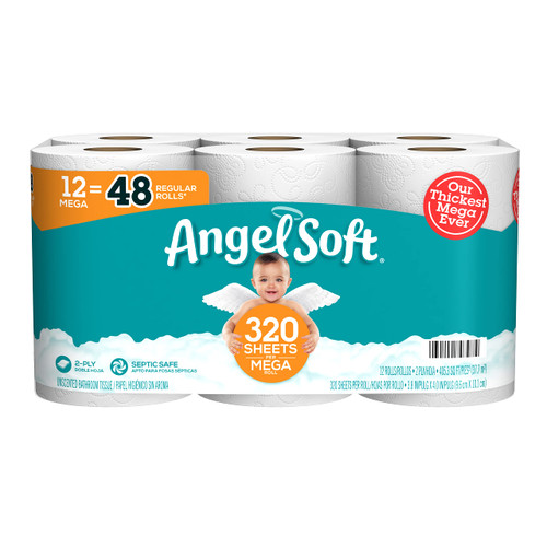 Angel Soft Toilet Paper, 12 Mega Rolls = 48 Regular Rolls, 2-Ply Bath Tissue White