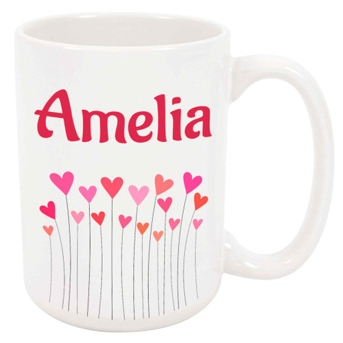 Amelia Coffee Mug - Personalized Ceramic Hearts Cup with Name, Custom Mug, Customized Birthday/Christmas Gift, Holiday Present, 11 Oz
