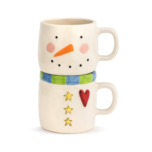DEMDACO Heartful Snowman Winter White 20 ounce Ceramic Stoneware Stacked Mugs Set of 2