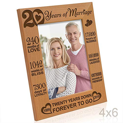 Kate Posh - 20 Years of Marriage 1999 Through 2019, Our 20th Anniversary Engraved Natural Wood Picture Frame, Twenty Years Together, Wedding for Husband & Wife (4x6 Vertical)