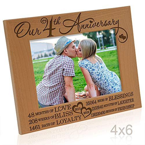 Kate Posh - Our 4th Anniversary Engraved Natural Wood Picture Frame - 4 Years of Marriage 2014 Through 2019, Four Years Together, Wedding for Husband & Wife (4x6 Horizontal)