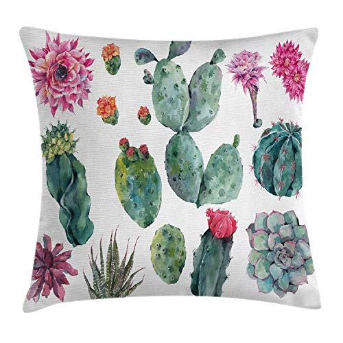 Ambesonne Nature Decor Throw Pillow Cushion Cover, Desert Botanic Herbal Cartoon Like Cactus Plant Flower with Spikes Print, Decorative Square Accent Pillow Case, 16 X 16 inches, Green and Pink