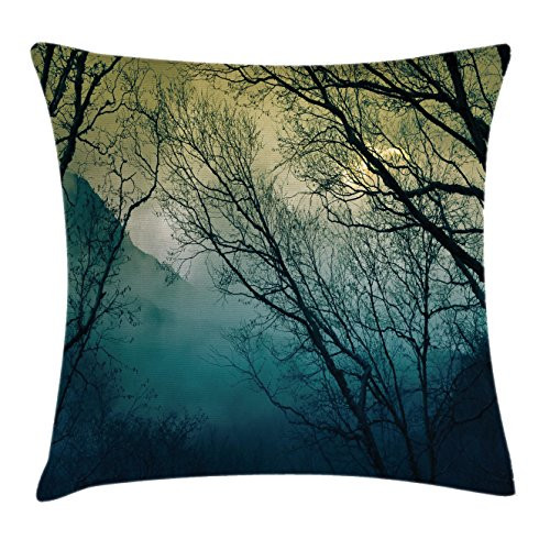 Nature Decor Throw Pillow Cushion Cover by Ambesonne, Surreal Morning Fog in Mist Forest Mountain Valley Habitat Themed Himalayan Print, Decorative Square Accent Pillow Case, 16 X 16 Inches, Blue