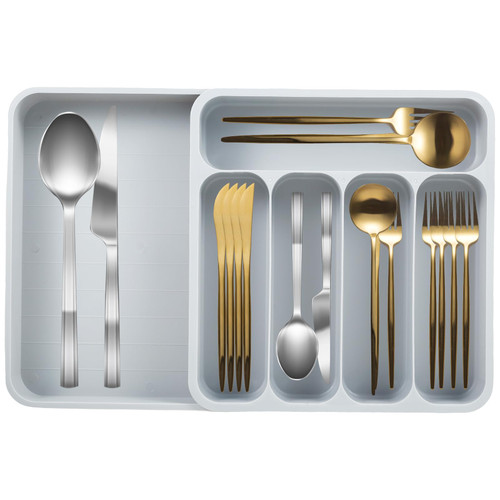 Nicoport Silverware Storage Organizer Expandable Cutlery Drawer Organizer 6 Compartments Cutlery Tray Organizer Adjustable Silverware Holder Tray Reusable Utensil Organizer for Kitchen Drawer