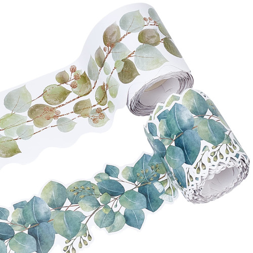 GLOBLELAND 2 Style 49.21ft Eucalyptus Bulletin Board Trim Leaves Scalloped Rolled Border Trim Greenery Bulletin Board Borders for Home Classroom School Office Decor
