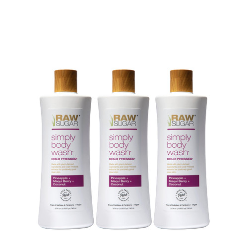 RAW SUGAR Simply Body Wash - Pineapple + Maqui Berry + Coconut, Moisturizing & Brightening Bath & Shower Gel, Sulfate-Free, Paraben-Free & Vegan (Pack of 3)
