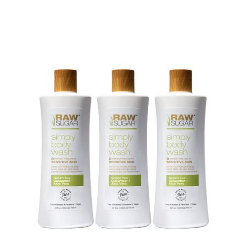 RAW SUGAR Sensitive Skin Simply Body Wash - Green Tea + Cucumber + Aloe Vera, Moisturizing & Brightening Bath & Shower Gel, Sulfate-Free, Paraben-Free & Vegan (Pack of 3) RAW SUGAR Sensitive Skin Simply Body Wash - Green Tea + Cucumber + Aloe Vera, Moisturizing & Brightening Bath & Shower Gel, Sulfate-Free, Paraben-Free & Vegan (Pack of 3)