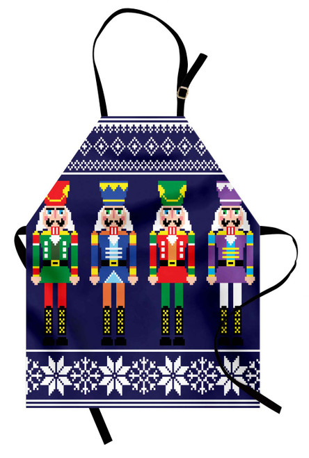 Lunarable Nutcracker Apron, Colorful Retro Style Pattern with Xmas and Scandinavian Motifs, Unisex Kitchen Bib with Adjustable Neck for Cooking Gardening, Adult Size, Indigo White