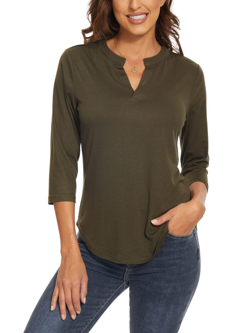 Womens Tops 3/4 Sleeve V Neck Shirt Casual Tunic T-Shirts Dressy Work Blouse Green XL