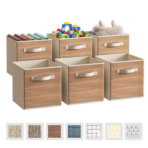 Wisdom Star Fabric Storage Cubes with Handle, Foldable 11 Inch Cube Storage Bins, 6 Pack Storage Baskets for Shelves, Storage Boxes for Organizing Closet Bins, Wood Grain