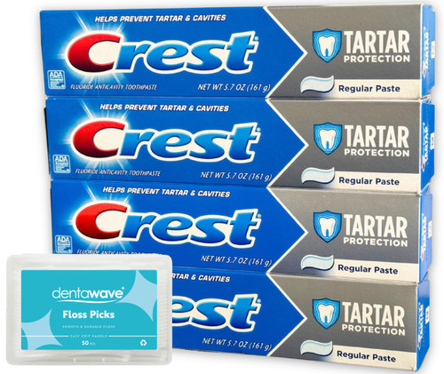 Tartar Protection Bulk Toothpaste - Crest Tartar Protection Toothpaste, Regular Paste 5.7oz (4 Pack) Helps Prevent Tartar and Cavities Bundle with dentawave Floss Picks 50ct