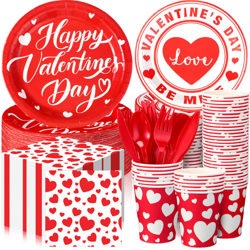 Sunnychicc 240 Pcs Valentine's Day Party Supplies Plates and Napkins Cups Valentine's Day Party Disposable Paper Dinner Dessert Plates Heart Paper Napkins Beverage Cups Plastic Fork Set(Hearts)