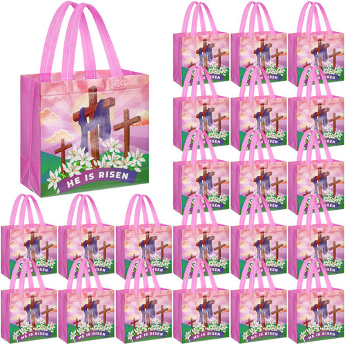 SilTriangle 30 Pcs Easter Gift Bags Inspiring He is Risen Sign Non Woven Goodie Bags Cookie Egg Candy Goody Easter Bags with Double Handles for Easter Theme Bible School Party Favor