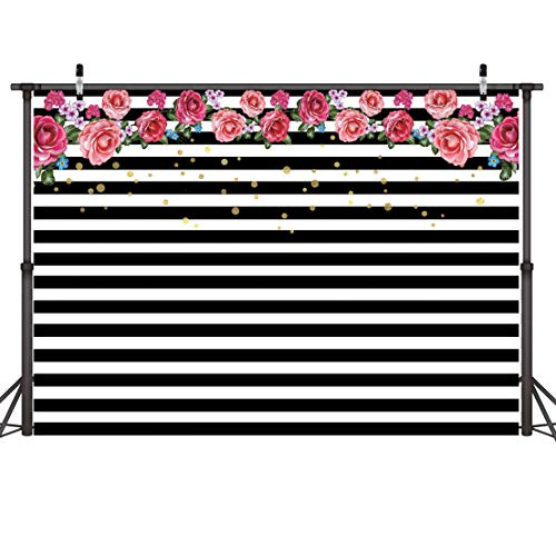 Dudaacvt 7x5ft Photography Backdrops Black and White Stripe Background Pink Rose Flower Birthday Party Wedding Photo Studio Booth D025