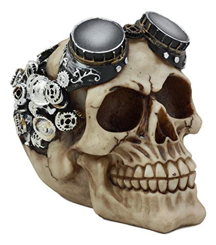Ebros Steampunk Pilot Aviator Robotic Skull Statue Sci Fi Decor Figurine With Painted 3D Protruding Gearwork Mechanism Design