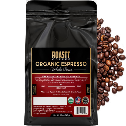 Organic Espresso Coffee Beans, Espresso Whole Bean Gourmet Coffee, Caffeinated Espresso Ground and Whole Bean, Freshly Roasted by Roastt Coffee (Espresso Whole Bean, 12 oz) Organic Espresso Coffee Beans, Espresso Whole Bean Gourmet Coffee, Caffeinated Espresso Ground and Whole Bean, Freshly Roasted by Roastt Coffee (Espresso Whole Bean, 12 oz)