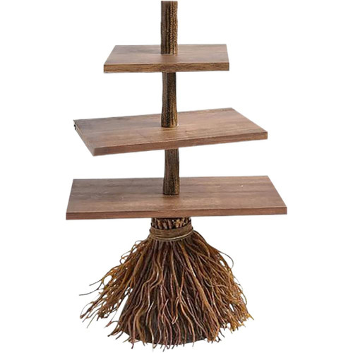 OHEPFD Halloween Cupcake Stand Wooden Broomstick 3 Tier Tray Snack Server Kitchen Rustic Tiered for Home Table Party Supplies, 15*15*22cm