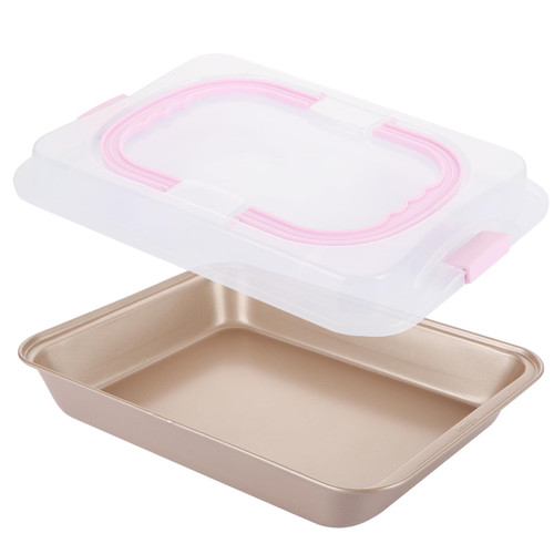 MUXHEL Non-Stick Cake Pan with Lid, 9x13 Inch Gold Baking Cake Pan with Plastic Lid, High Sided Sheet Bakeware for Cakes, Brownies, Casseroles