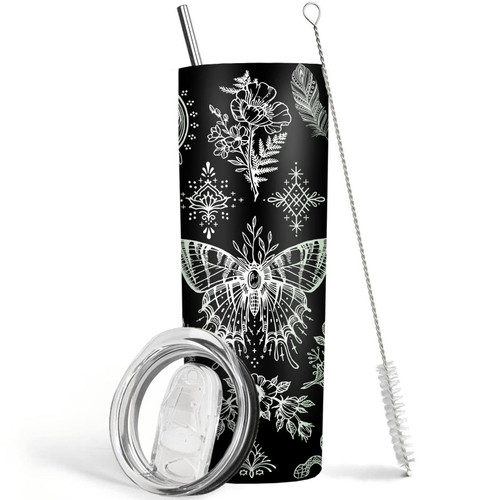 Mosdeim Goth Tumbler 20 oz Travel Coffee Mug Boho Butterfly Print Skinny Tumblers with Lid and Straw Stainless Steel Insulated Coffee Cups Gothic Lover Gifts for Women