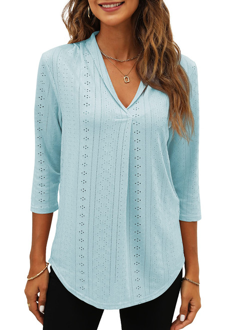 Miselon Womens Summer Tops 3/4 Sleeve Eyelet Loose V Neck Business Casual Blouses Light Blue XXL