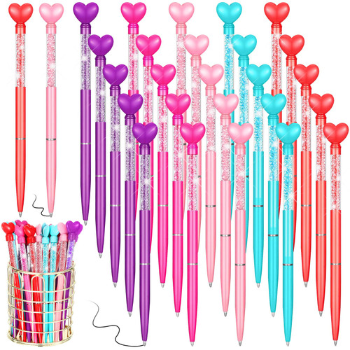 Hushee 24 Pcs Valentine's Day Heart Pens Glitter Bling Retractable Metal Pen with Black Ink Diamond Crystal Pens Wedding Pen for Valentine Office School Supplies Engagement Gift(Multicolor)