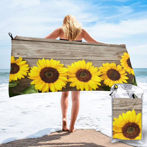 Gocerktr Summer Sunflowers Wooden Large Microfiber Beach Towel, Super Absorbent Sand Free Quick Dry Lightweight Microfiber Pool/Swim/Bath Towels for Women Men (27.5"x55")