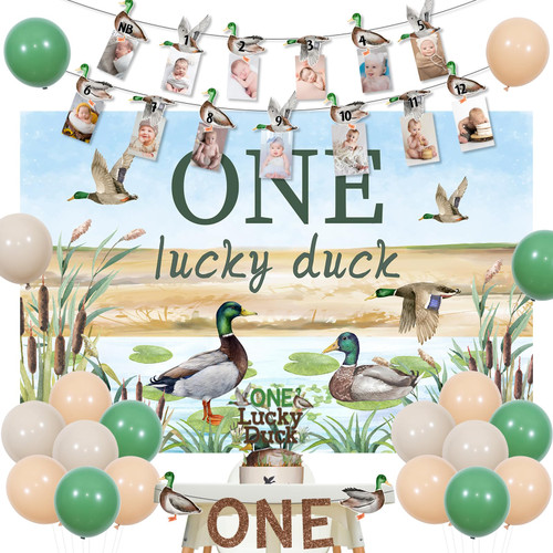 Fangleland Mallard Duck 1st Birthday Decorations for 1 Year Old Boy, One Lucky Duck Theme Boy First Birthday Party Supplies with Cake Topper, Backdrop, High Chair Banner, Balloons