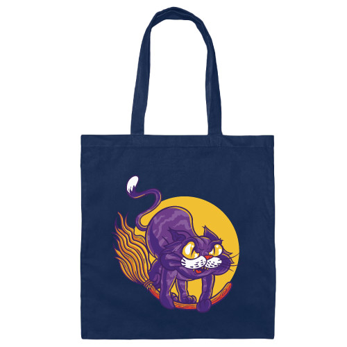 Cat Animal Flying on Broom Magical Gift for Cat Lovers Full Moon Design Navy Black Multicolor Canvas Tote Bag