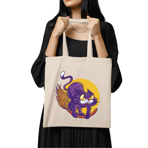 Cat Animal Flying on Broom Magical Gift for Cat Lovers Full Moon Design Natural White Multicolor Canvas Tote Bag