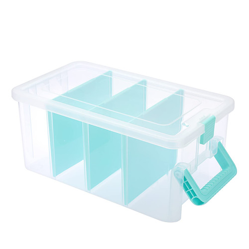 BTSKY Clear Plastic Dividing Storage Box with 4 Deep Compartments Adjustable Storage Bin with Lid Portable Craft Storage Container Multipurpose Sewing Box Art Supply Organizer, 13.9x7.9x6.2 Inches