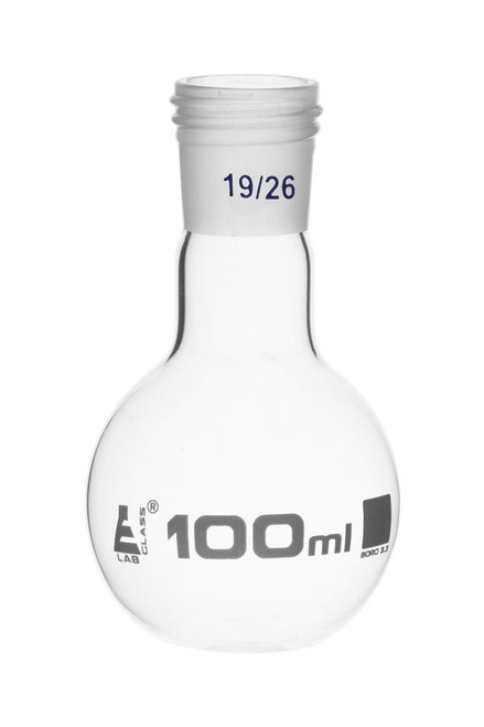 Boiling Flask with 19/26 Joint, 100ml Capacity, Flat Bottom, Interchangeable Screw Thread Joint, Borosilicate Glass - Eisco Labs