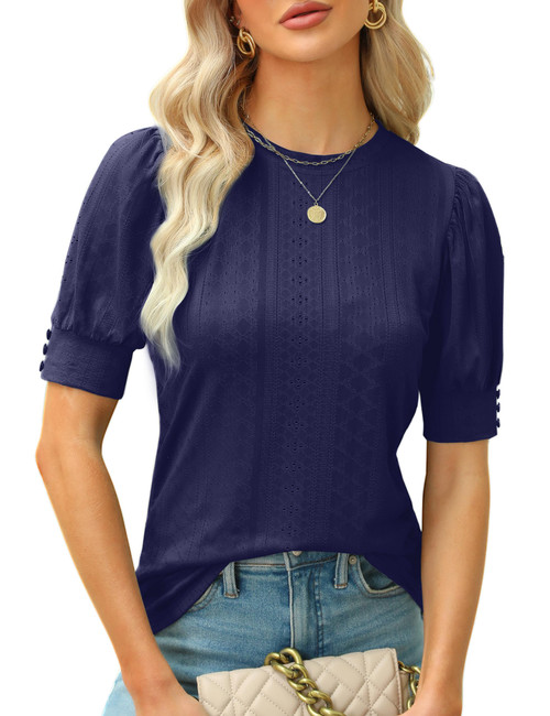 BMJL Womens Dressy Casual Blouses Business Tops Short Sleeve Shirts Work Tops Cute Puff Sleeve Blouses(BlueDark,L)
