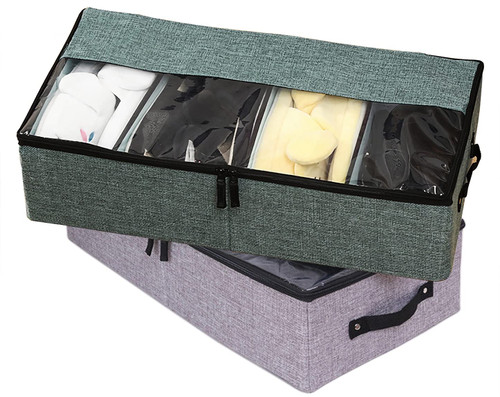 AARAINBOW 2 Packs Under Bed Clothes Shoes Storage Bins with Lids, Underbed Storage Container with Adjustable Dividers, Under Bed Storage Organizer Box 4 Compartment (Gray Green)