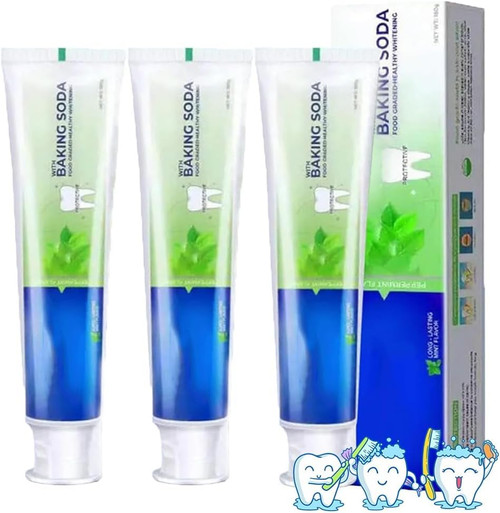 3PCS Baking Soda Toothpaste, Whitening Peppermint Toothpaste, Deep Cleaning Toothpaste, Teeth Whitening Natural Toothpaste Fluoride Free for Adults, Kids, Sensitive Gums, 185g
