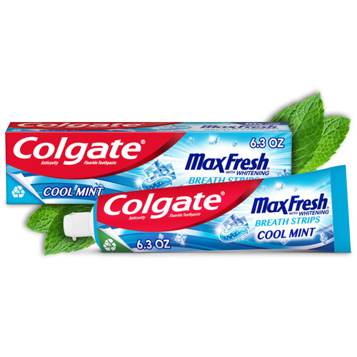Colgate Max Fresh Toothpaste, Whitening Toothpaste with Mini Breath Strips, Cool Mint Toothpaste for Bad Breath, Helps Fight Cavities, Whitens Teeth, and Freshens Breath, 6.3 Oz Tube