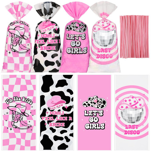Tenceur 100 Pcs Lets Go Girls Bachelorette Party Goodie Bags Cowgirl Party Pink Disco Cowgirl Decorations Bridal Shower Party Birthday Party Last Rodeo Bachelorette Party Decorations, 4 Styles