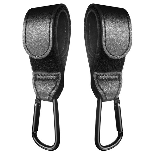 Baby Stroller Hooks for Hanging, 2 PCS Durable Leather Stroller Straps, Stroller Clips for Diaper Bags Pet Carts Grocery Shopping Bags, Mommy Hook for Stroller (Black)