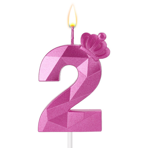 3inch Birthday Number Candle, Birthday Candle Cake Topper with Crown 3D Cake Numeral Candles Number Candles for Birthday Anniversary Parties (Rose Red, 2)