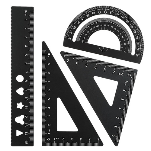 Jeffdad 4Pcs Triangular Scale Ruler Set, Geometric Protractor Mathematical Triangle Ruler Aluminum Ruler for School and Office Supplies Math Rulers for Kids and Adults Draftsman(Black)