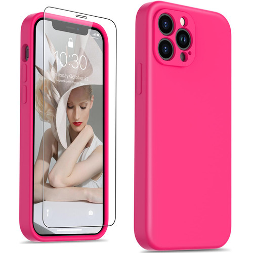 FUNMIKO Designed for iPhone 12 Pro Max Case with Screen Protector,Complete Protection with Enhanced Camera Lens Cover,Soft Silicone Protective Phone Case for iPhone 12 Pro Max 6.7",Hot Pink