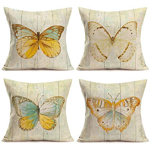ShareJ Pack of 4 Decorative Pillow Covers Butterfly Specimen Pattern Square Cotton Linen Cushion Cover 18 X 18 Inches Throw Pillow Covers Cases for Couch Sofa Bed Home Decor
